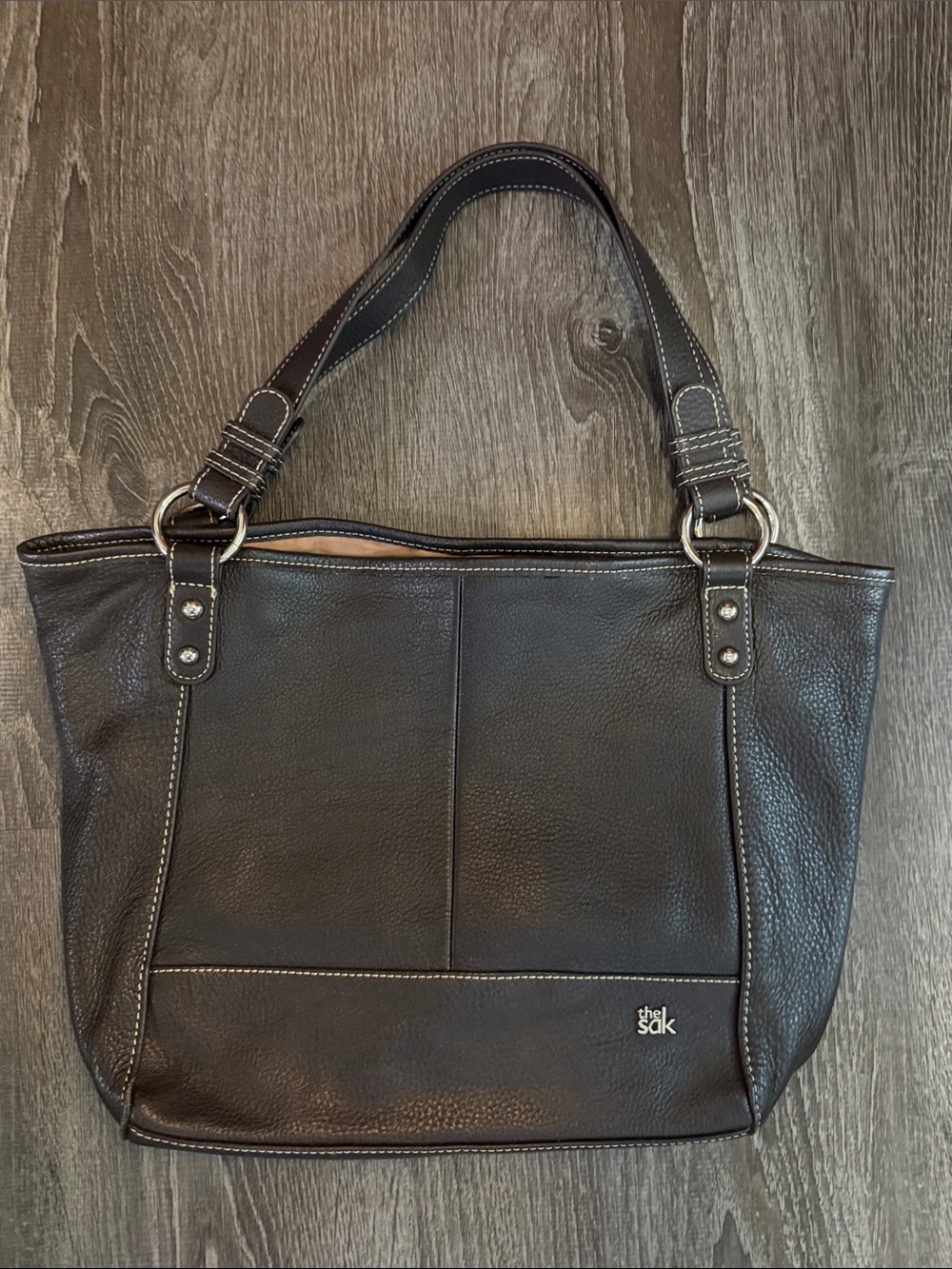 The Sak Dark Brown Leather Tote with Contrast Stitching